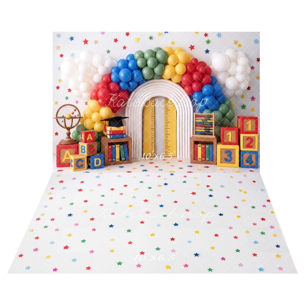 Kate Back to School Rainbow Balloon Arch Books Blocks Printed Backdrop+Colorful Star Pattern White Grid Printed Backdrop