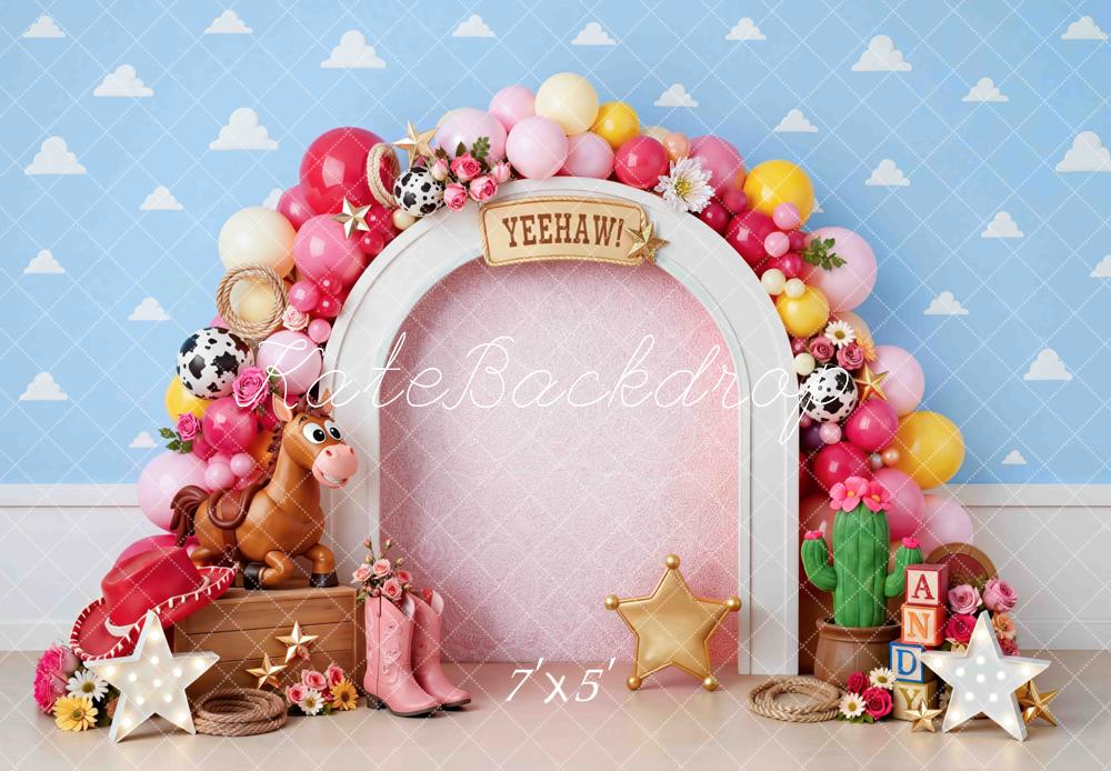 Kate Birthday Western Arch Balloons Horse Boots Cactus Stars Printed Backdrop Printed Backdrop Designed by Mini MakeBelieve