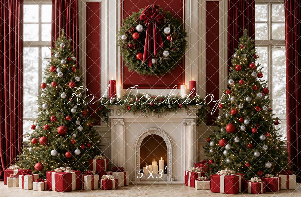 Kate Christmas Trees Vintage Red Bow Fireplace Wreath Gifts Printed Backdrop Designed by Emetselch