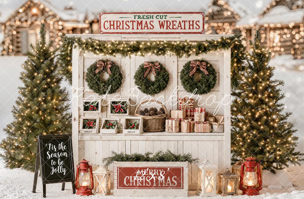 Kate Christmas Wreath Stand Evergreen Trees Gift Boxes Snow Printed Backdrop Designed by Emetselch