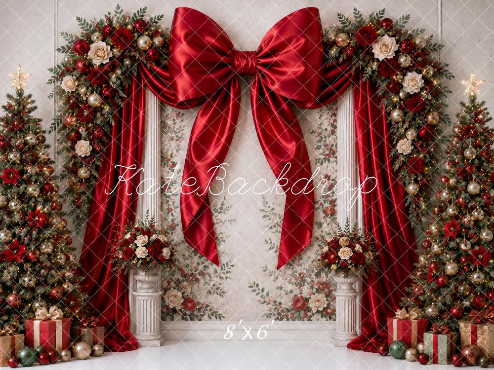 Kate Christmas Red Bow Floral Arch Trees Fine Art Wall Printed Backdrop Designed by Ashley Ward