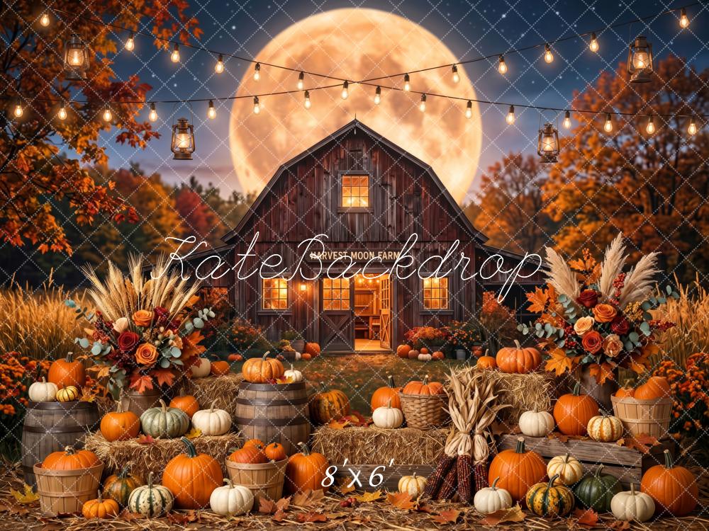 Kate Fall Harvest Barn Pumpkins Full Moon String Lights Printed Backdrop Designed by Patty Roberts