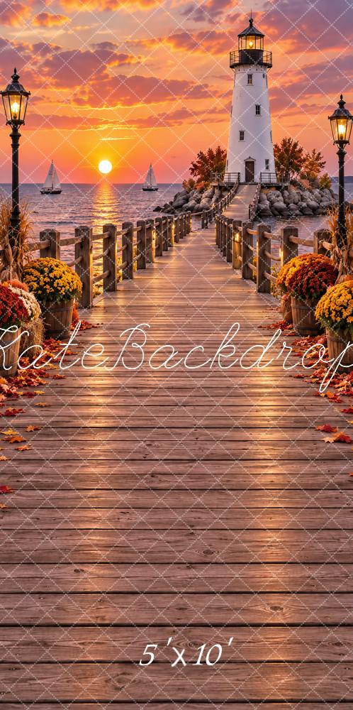 Kate Sweep Fall Lighthouse Boardwalk Ocean Sunset Printed Backdrop Designed by Vertigo Productions