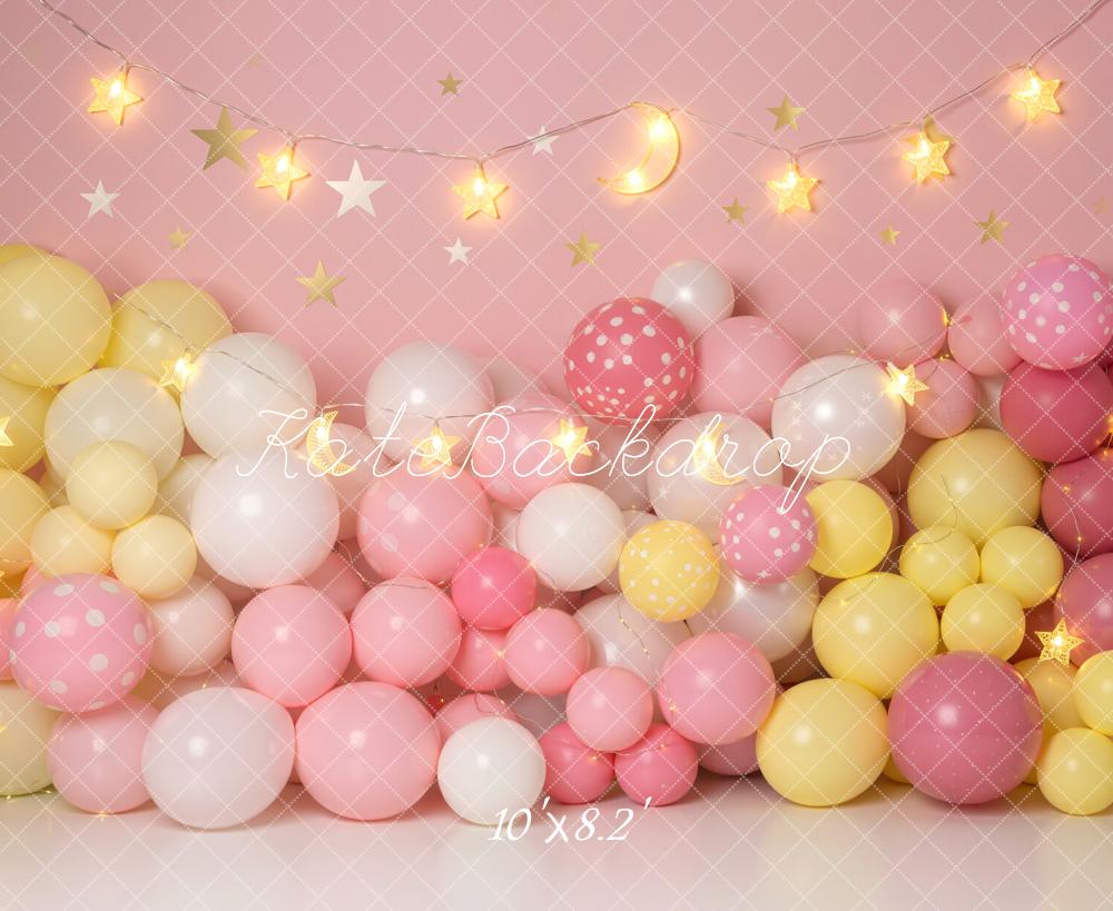 Kate Cake Smash Pink Balloon Wall With Star String Lights Printed Backdrop Designed by Emetselch