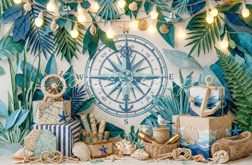 Kate Summer Nautical Compass Anchor Tropical Leaves Printed Backdrop Designed by Emetselch