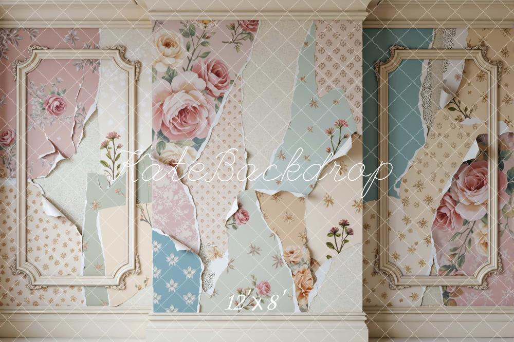 Kate Spring Vintage Floral Wallpaper Collage Printed Backdrop Designed by Mini MakeBelieve
