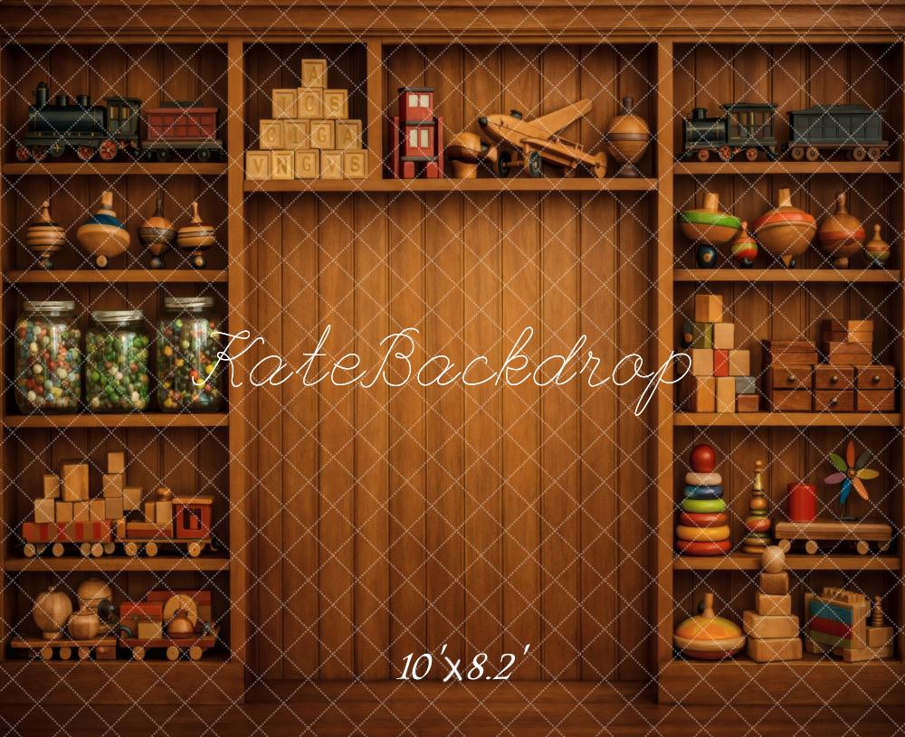 Kate Vintage Wooden Cabinet with Classic Toys Printed Backdrop Designed by Vertigo Productions