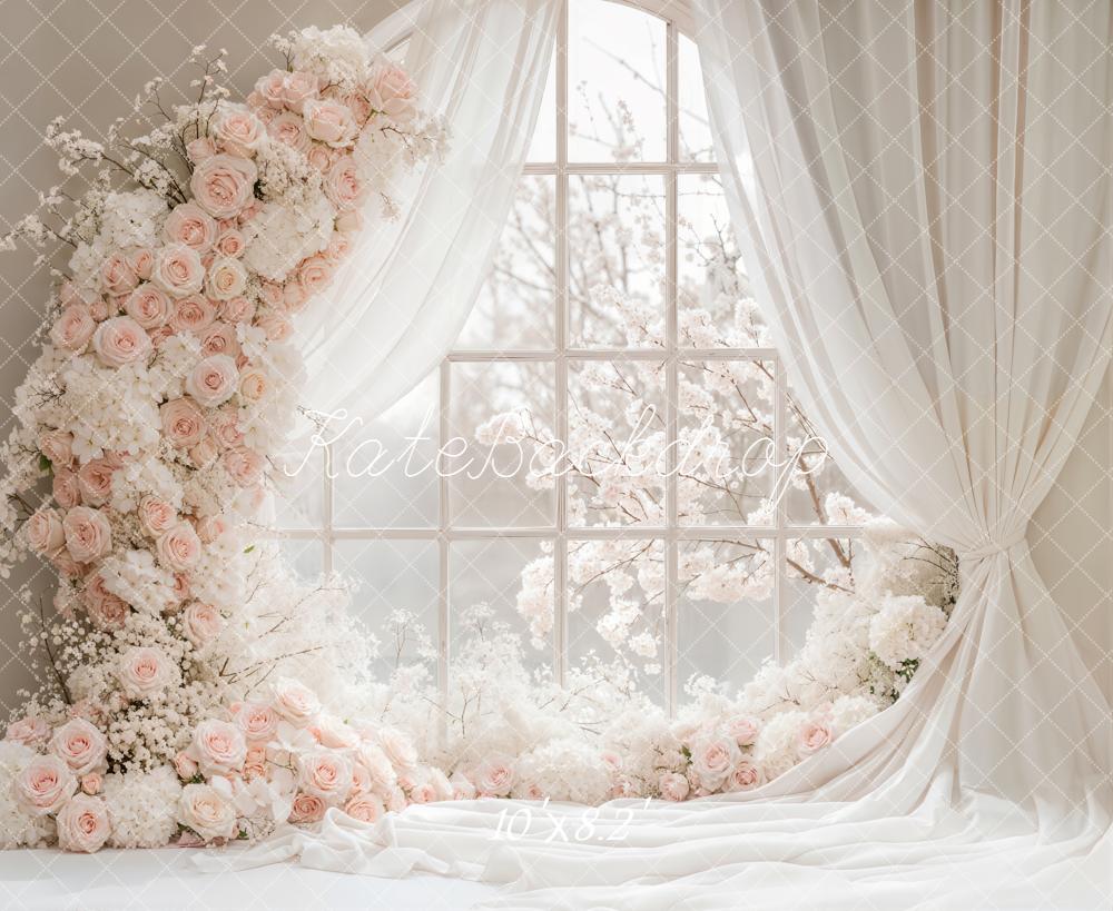 Kate Spring Flower Arch Pink White Blossoms Window Drapes Printed Backdrop Designed by Emetselch
