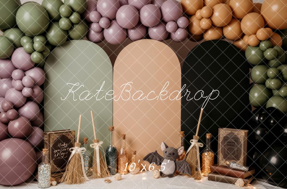 Kate Halloween Cake Smash Balloon Arch Witch Broom Bat Backdrop Designed by Patty Roberts