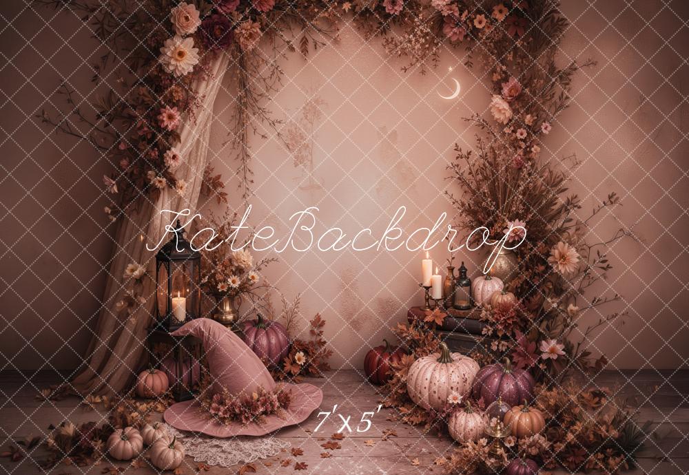 Kate Halloween Pumpkin Floral Arch Witch Hat Printed Backdrop Designed by Jordan Moon