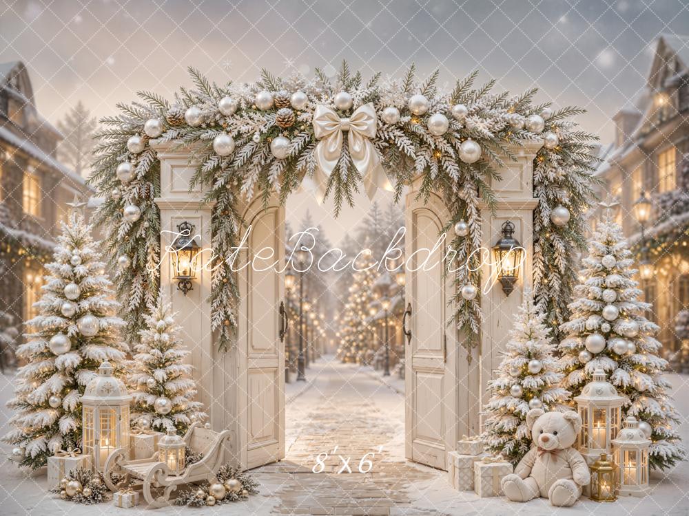 Kate Christmas Street Flower Arch Snowy Trees Lanterns Teddy Bear Printed Backdrop Designed by Emetselch