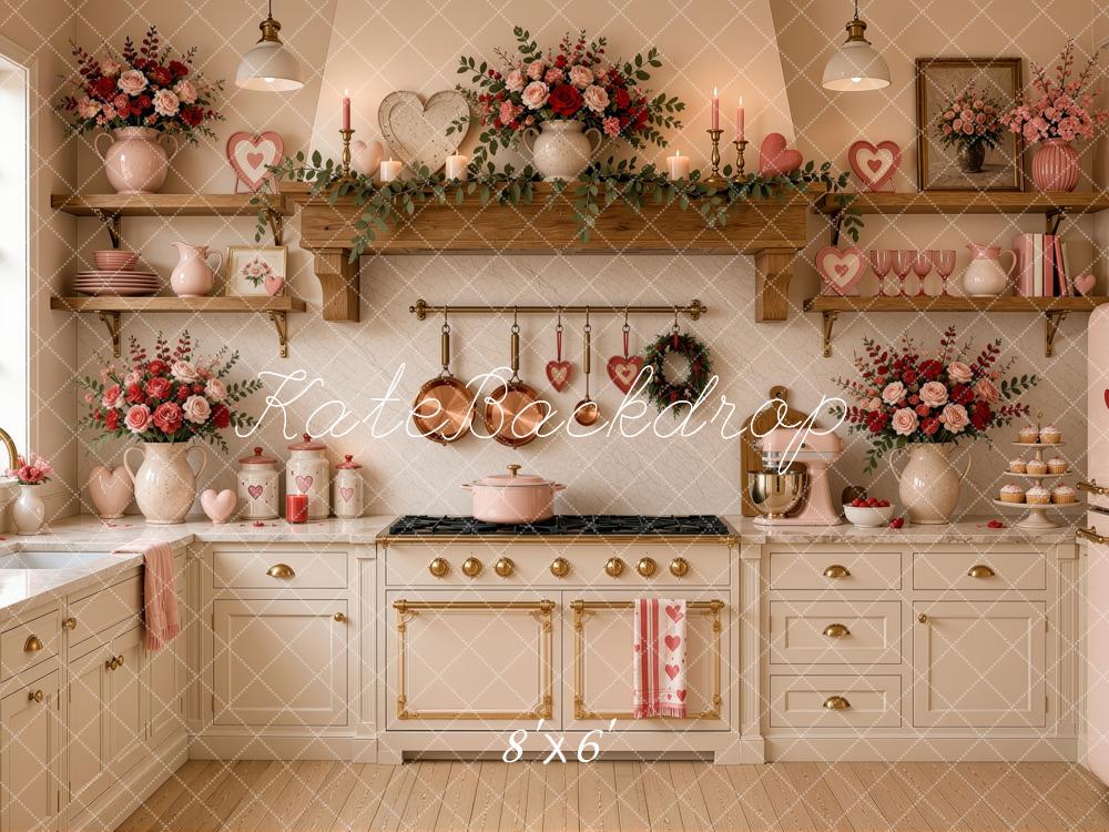 Kate Valentine's Day L-shaped Kitchen Floral Heart White Cabinets Printed Backdrop Designed by Ashley Ward