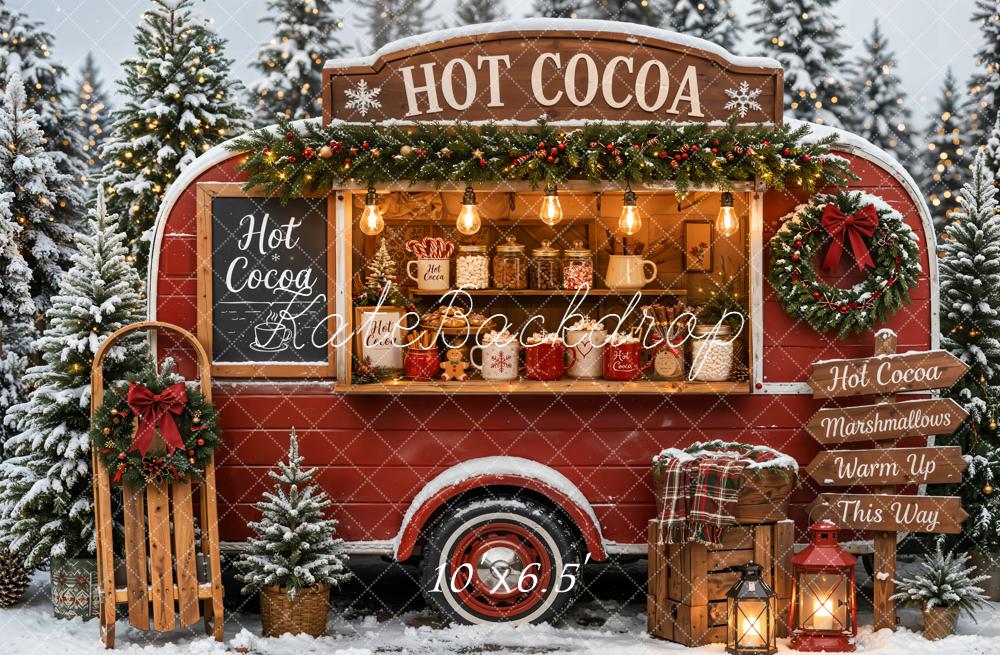 Kate Christmas Hot Cocoa Red Camper Van Snowy Forest Printed Backdrop Designed by Emetselch
