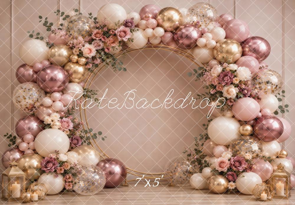 Kate Birthday Flower Arch Balloon Ring Pink Gold Floral Printed Backdrop Designed by Vertigo Productions