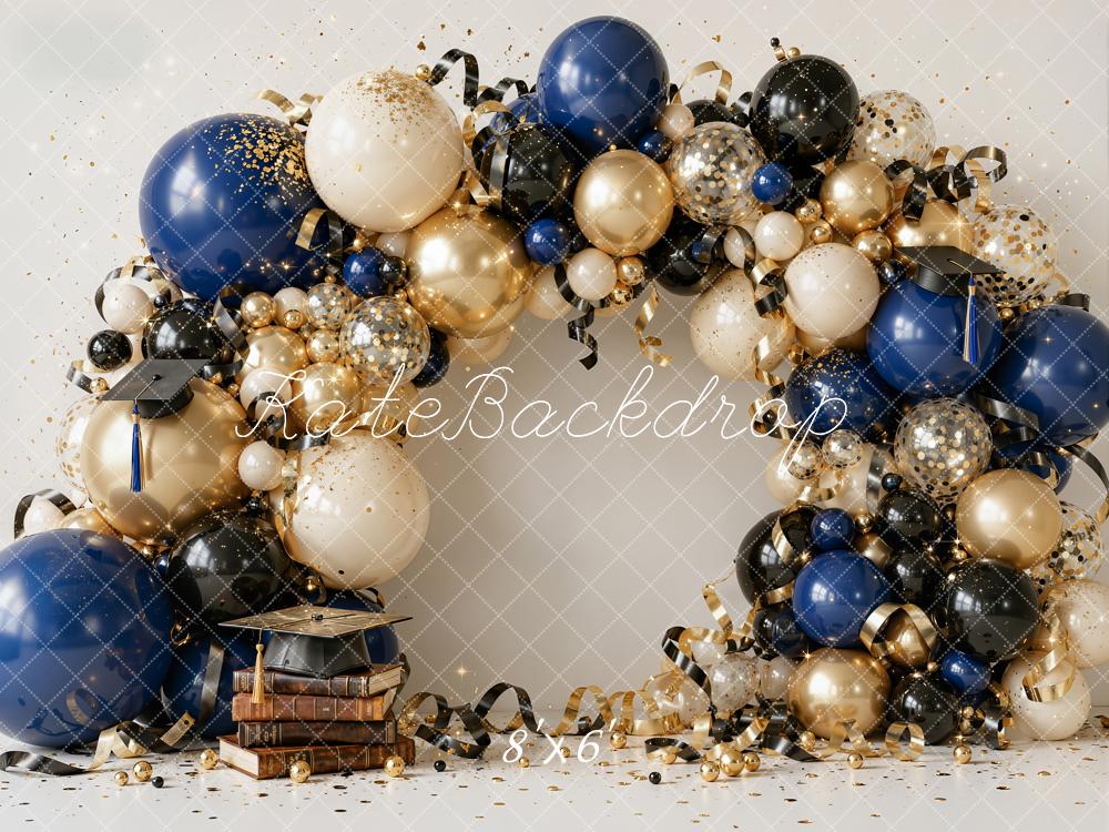 Kate Graduation Balloon Arch Stacked Books Navy Gold Printed Backdrop Designed by Emetselch