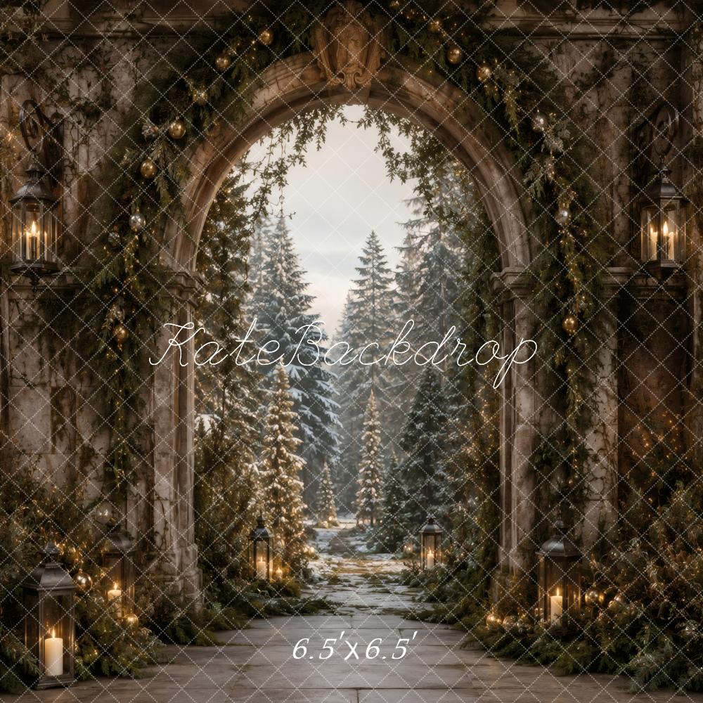 Kate Christmas Retro Stone Archway Pine Trees Lanterns Winter Printed Backdrop Designed by Vertigo Productions