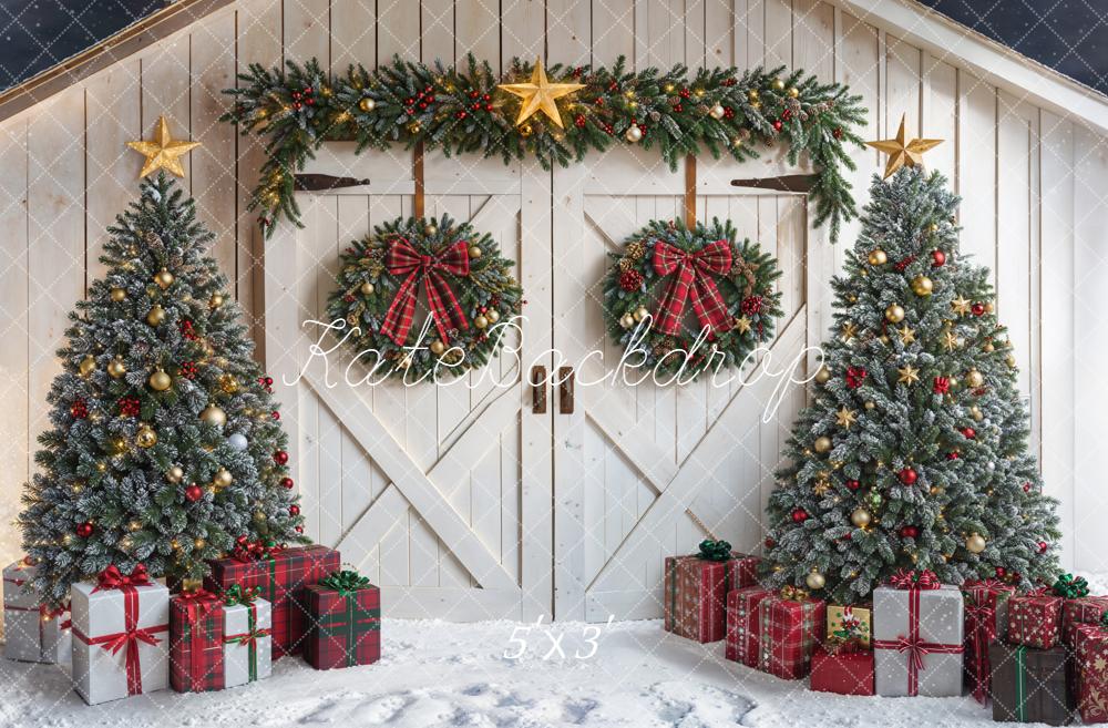 Kate Christmas Trees Wreath White Barn Door Red Plaid Backdrop Designed by Emetselch