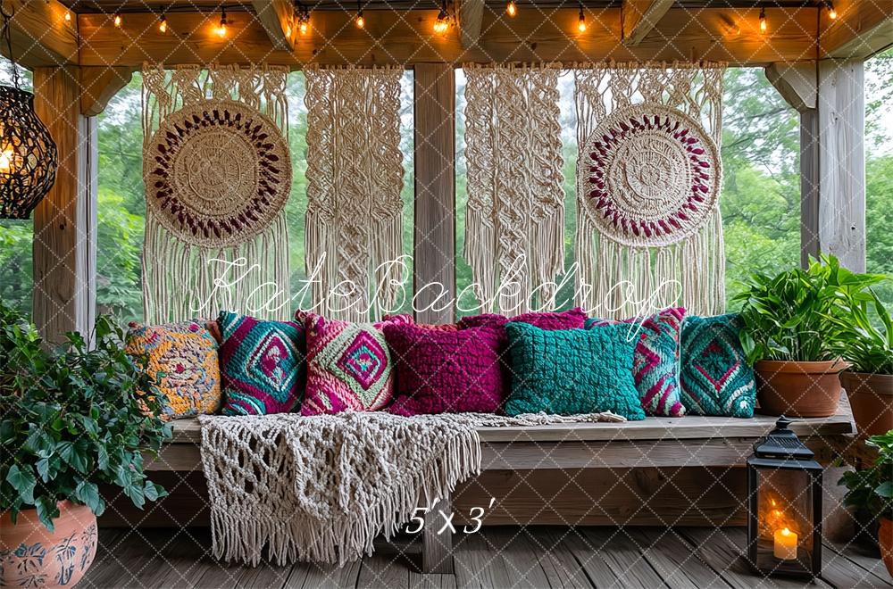 Kate Boho Macrame Patio Bench Pillows Backdrop Designed by Mini MakeBelieve