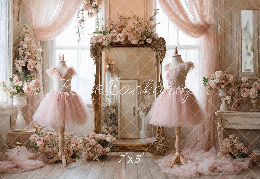 Kate Elegant Ballet Dress Studio Floral Mirror Pink Printed Backdrop Designed by Ashley Paul, Microfiber (Printed) / 7x5ft - Small Kids Sitting / Cake