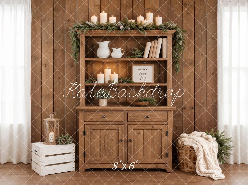 Kate Rustic Wooden Cabinet Candles Garland Crate Basket Printed Backdrop Designed by Emetselch