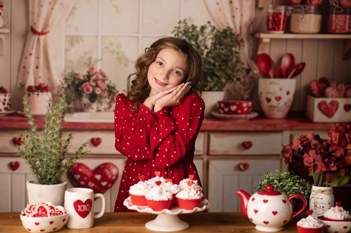 Kate Valentine's Day Red Heart Plates Kitchen Cupboard Photography Backdrop Designed by Emetselch