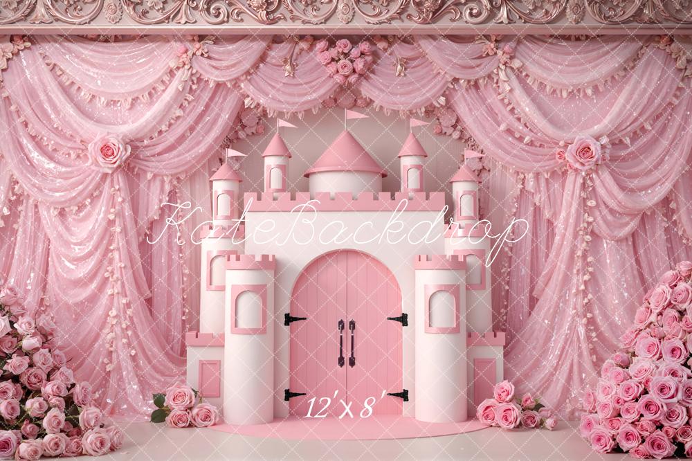 Kate Pink Castle Flower Arch Drapes Printed Backdrop Designed by Mini MakeBelieve