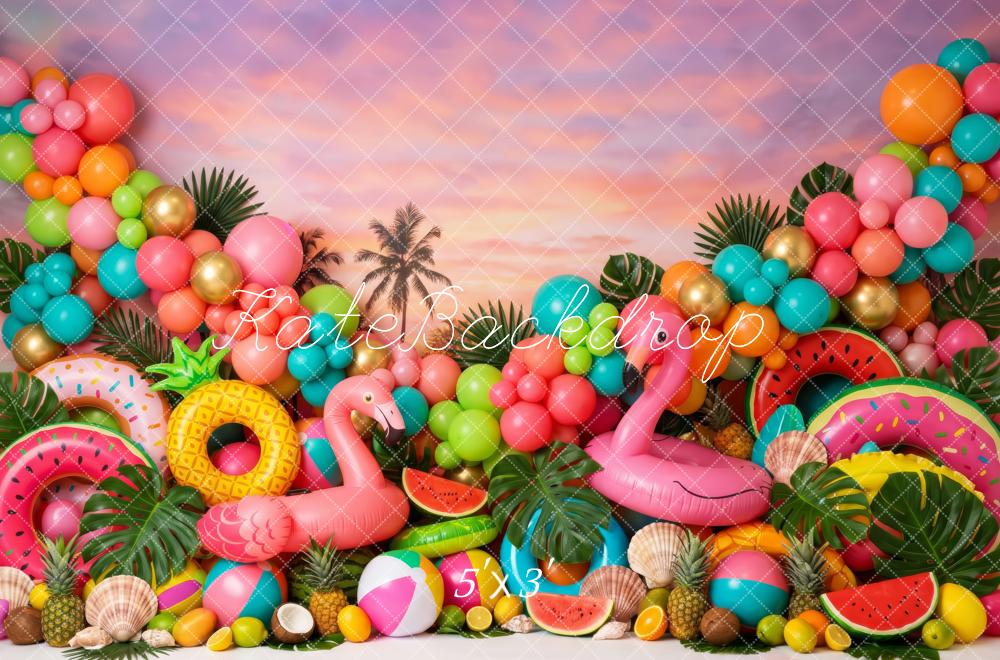 Kate Summer Vibrant Tropical Flamingo Balloons Fruit Palm Tree Sunset Printed Backdrop Designed by Patty Roberts