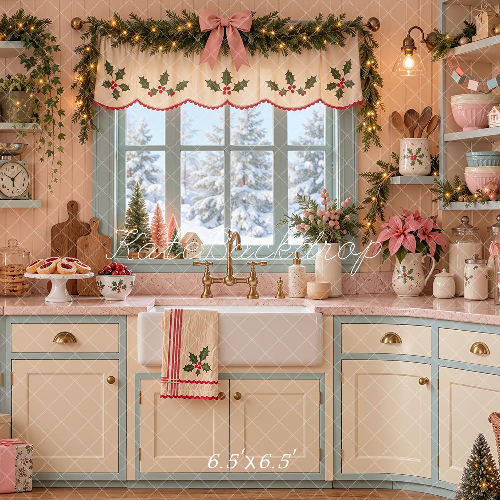 Kate Christmas Kitchen Pink White Garland Baking Printed Backdrop Designed by Shutter Swan Studios