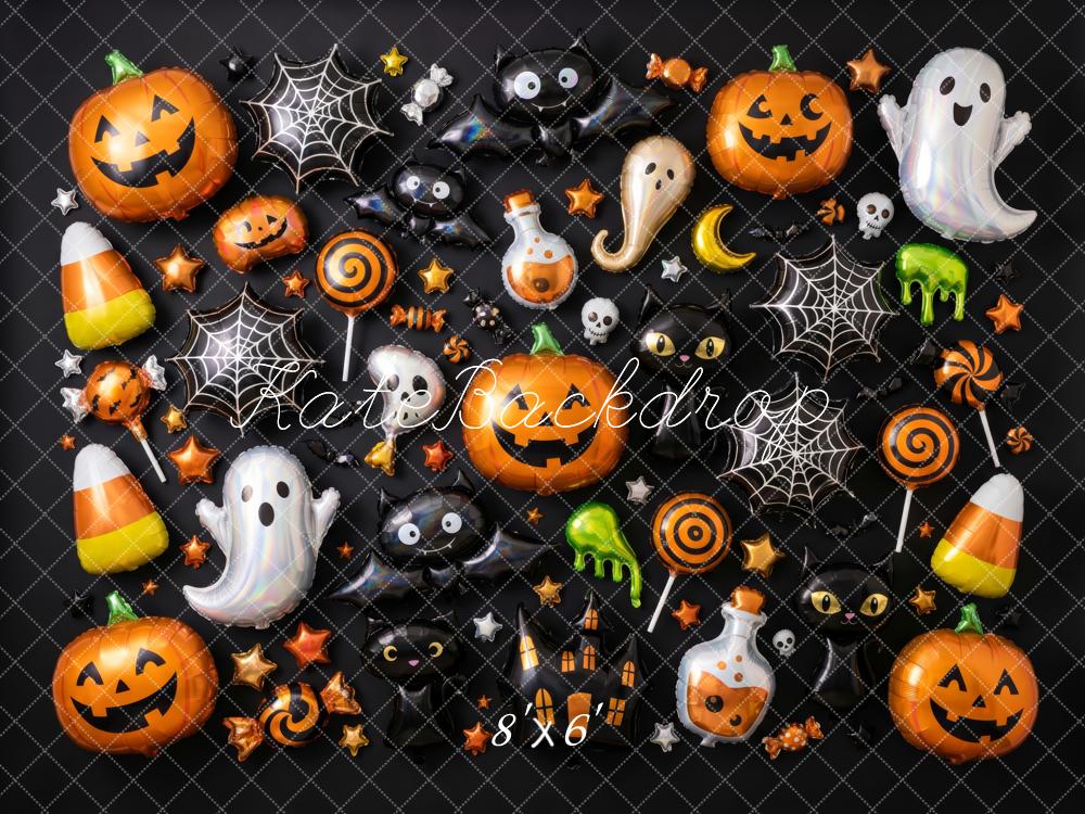 Kate Halloween Balloons Pumpkins Ghosts Candy Spiderwebs Printed Backdrop Designed by Patty Roberts