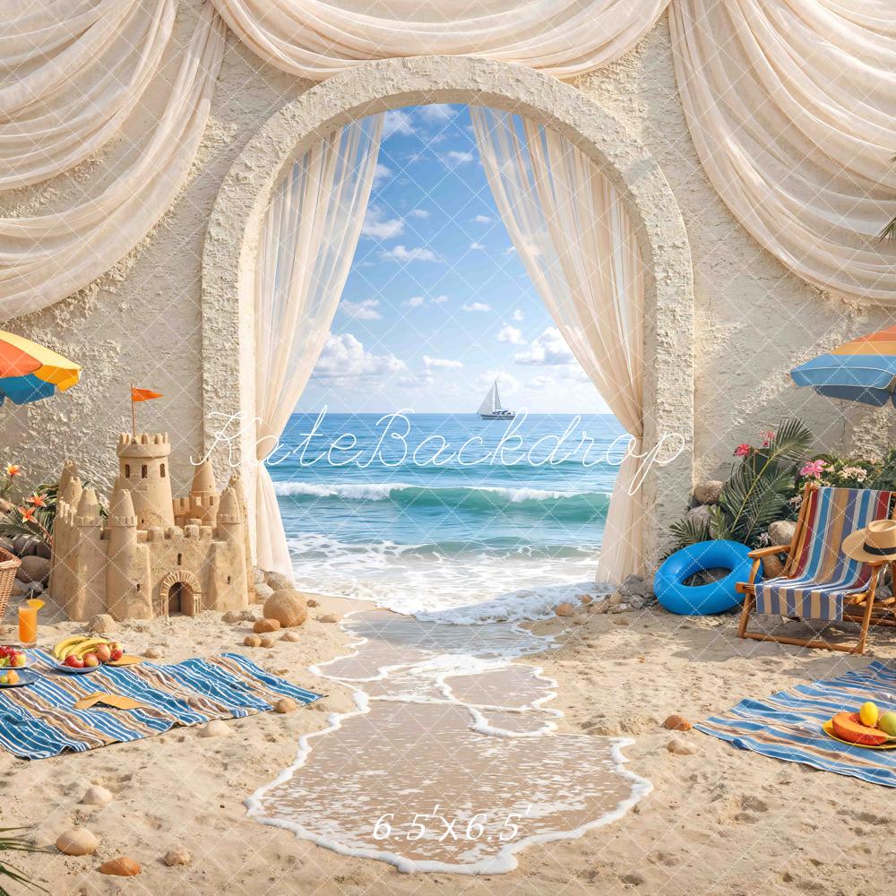 Kate Summer Beach Archway Sandcastle Umbrellas Printed Backdrop Designed by Mini MakeBelieve
