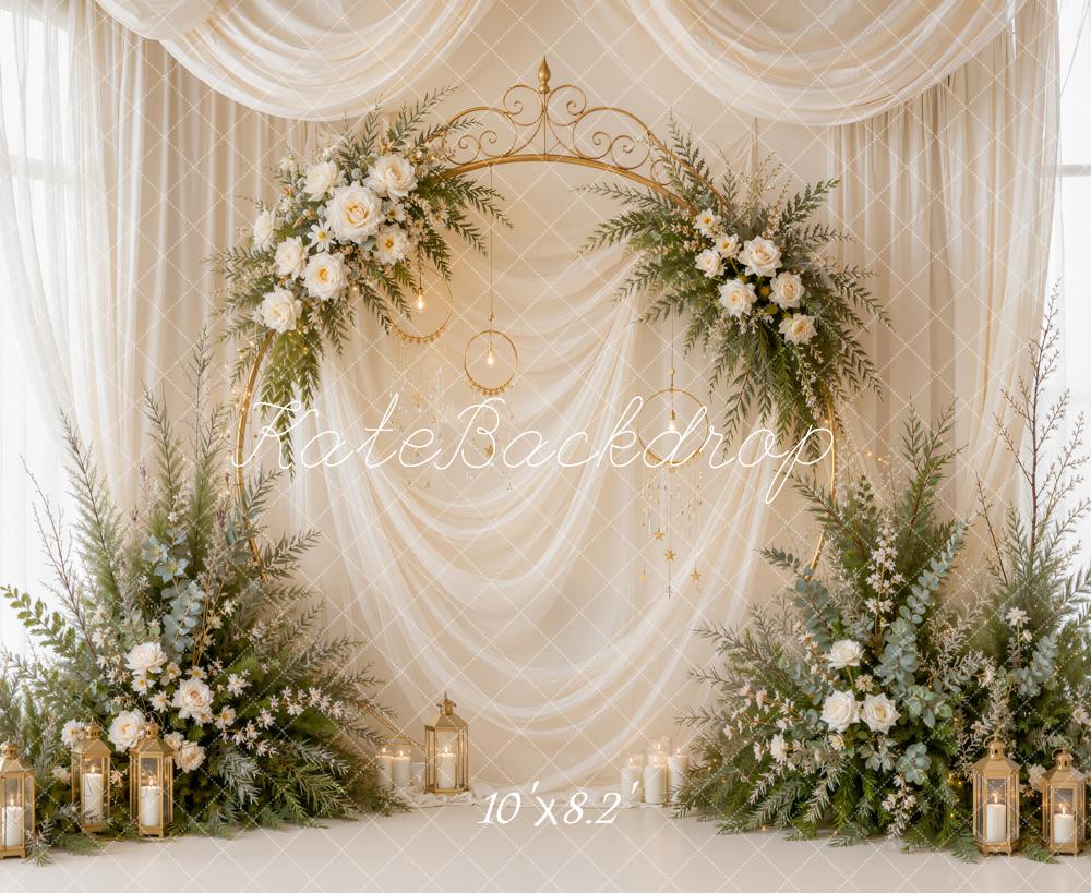 Kate Romantic White Floral Arch Gold Sheer Drapes Printed Backdrop Designed by Emetselch