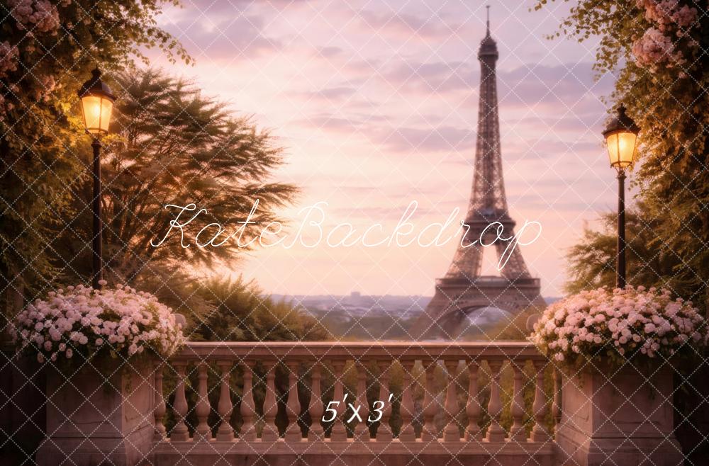 Kate Paris Balcony Eiffel Tower Flowers Sunset Printed Backdrop Designed by Vertigo Productions