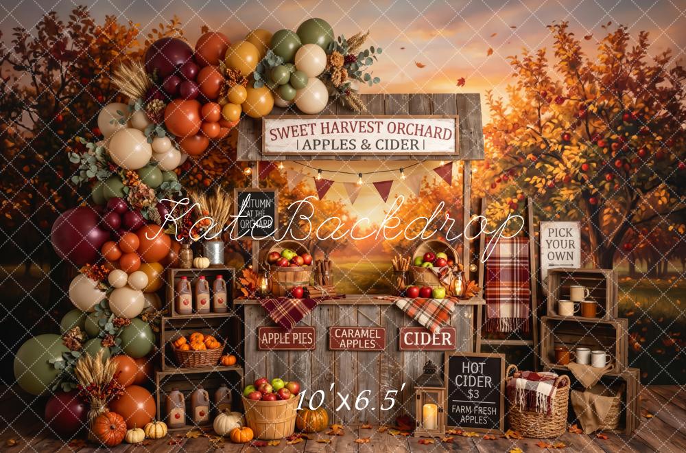 Kate Fall Birthday Apple Orchard Cider Stand Balloons Printed Backdrop Designed by Patty Roberts