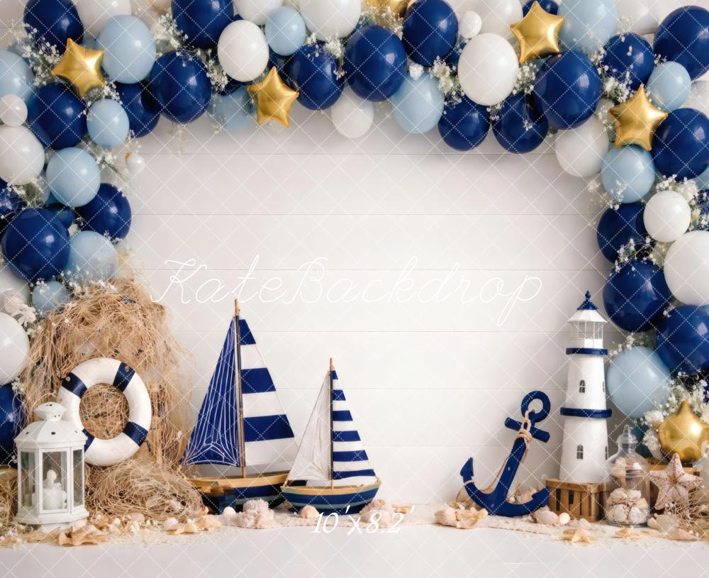 Kate Cake Smash Nautical Balloon Arch Sailboat Anchor Lighthouse Blue White Printed Backdrop Designed by Vertigo Productions