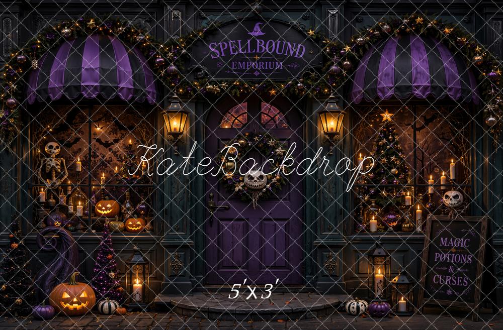 Kate Halloween Doorway Spellbound Emporium Purple Pumpkins Skeleton Candles Printed Backdrop Designed by Emetselch