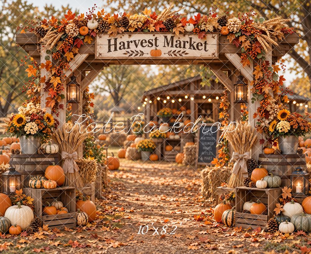 Kate Fall Harvest Market Arch Pumpkins Cabin Printed Backdrop Designed by Emetselch