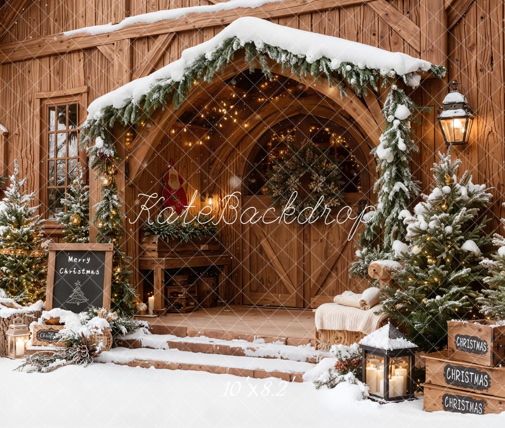 Kate Christmas Snowy Wooden Porch Pine Trees Backdrop Designed by Emetselch