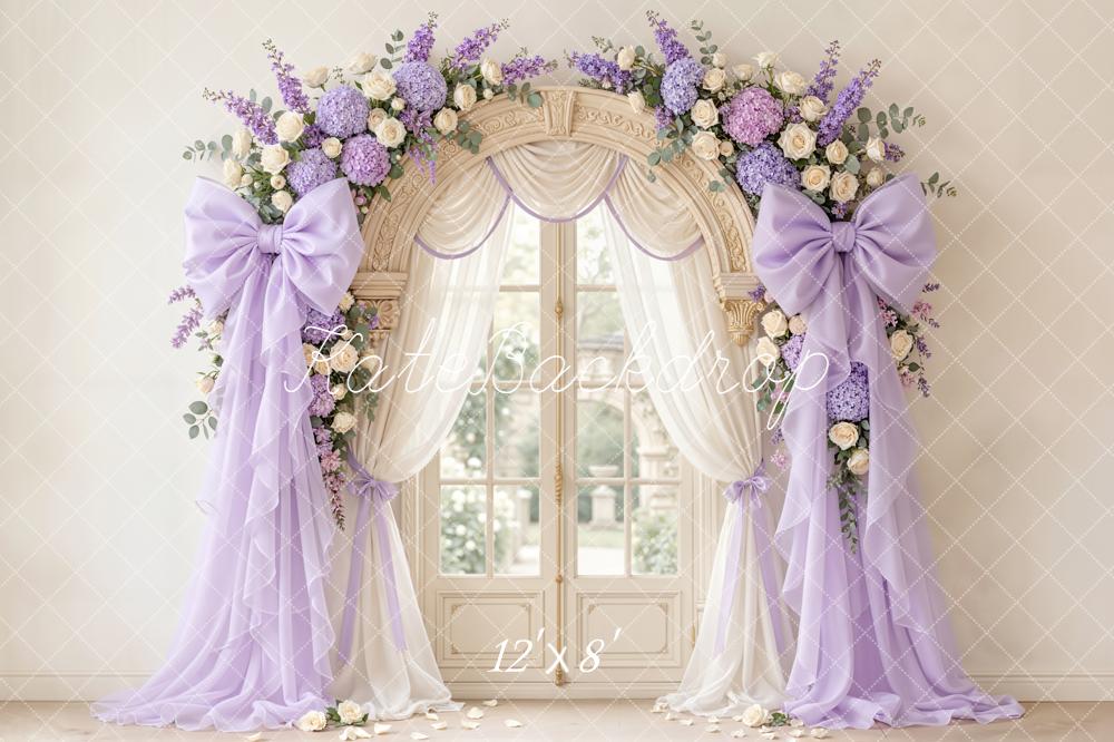 Kate Mother's Day Flower Arch Purple Bow Drapes Window Printed Backdrop Designed by Emetselch