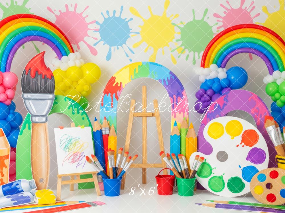 Kate Birthday Rainbow Paint Splatter Art Palette Paintbrush Printed Backdrop Designed by Patty Roberts
