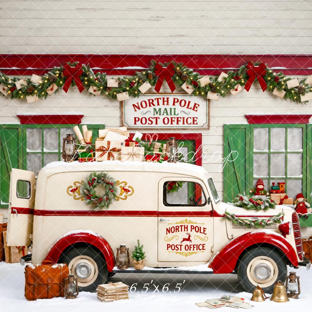Kate Christmas North Pole Post Office White Truck Gifts Green Red Printed Backdrop Designed by Patty Roberts