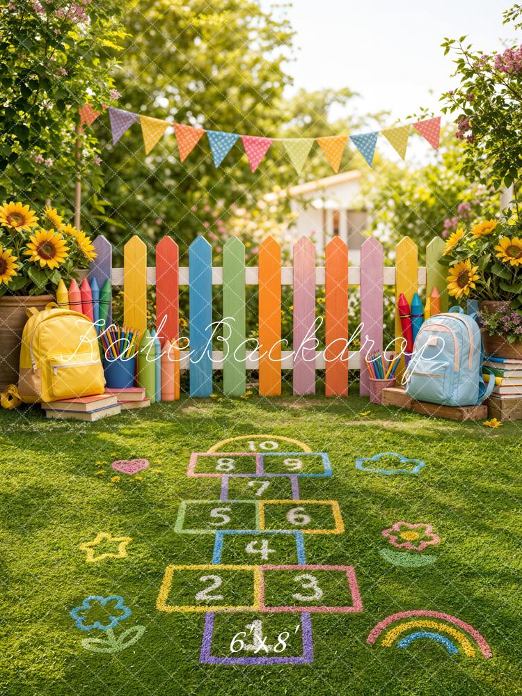 Kate Back to School Colorful Fence Hopscotch Playground Kids Printed Backdrop Designed by Emetselch