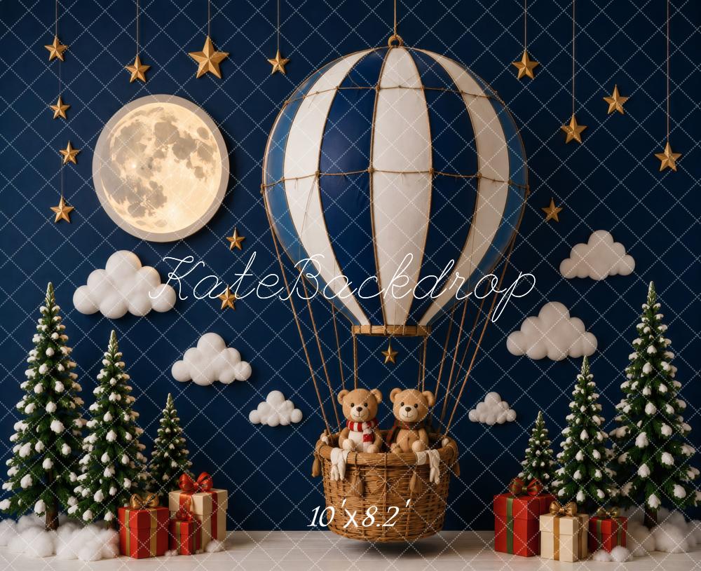 Kate Christmas Hot Air Balloon Full Moon Teddy Bear Printed Backdrop Designed by Vertigo Productions