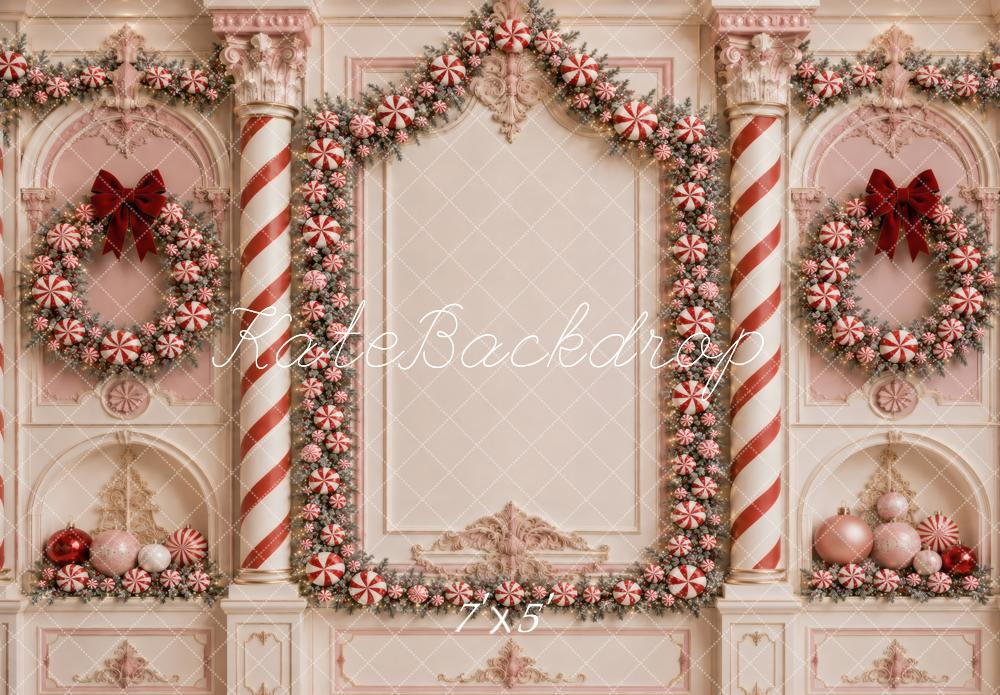 Kate Christmas Pink Candy Wreath Columns Printed Backdrop Designed by Vertigo Productions
