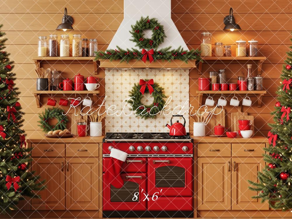 Kate Christmas Kitchen Red Stove Garland Wreath Christmas Tree Backdrop Designed by Patty Roberts