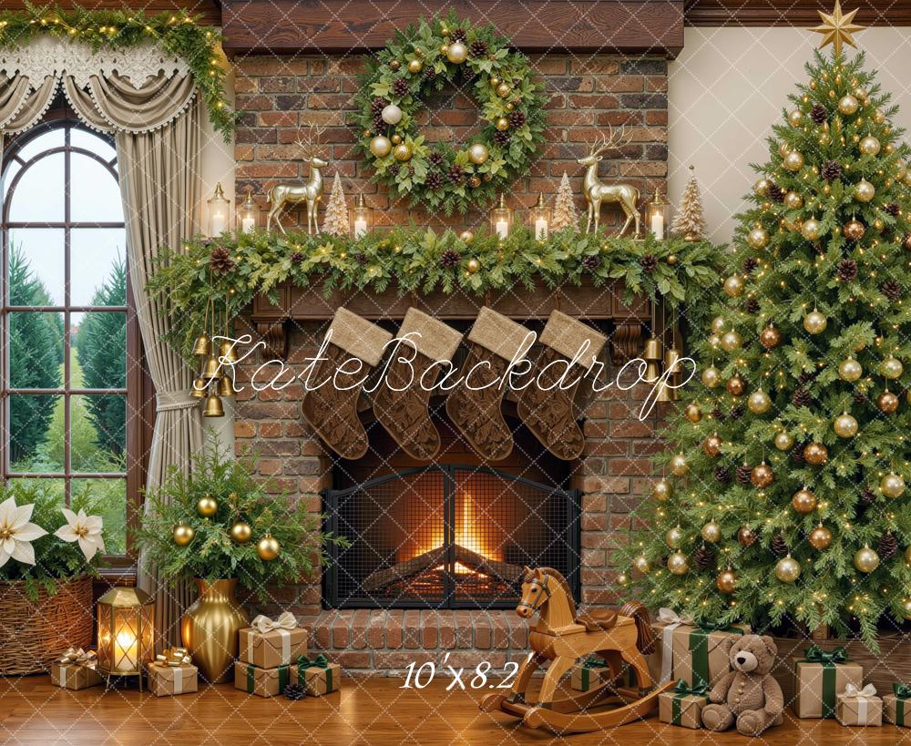 Kate Christmas Stone Fireplace Tree Wreath Window Printed Backdrop Designed by Mini MakeBelieve