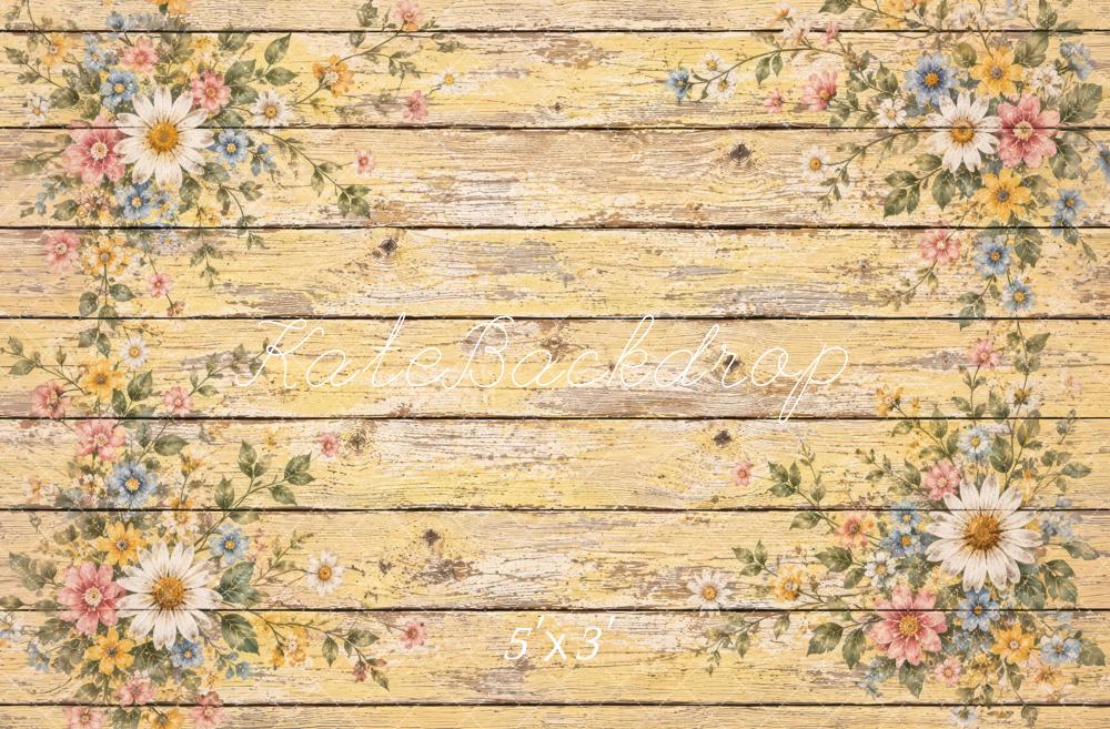 Kate Yellow Vintage Floral Wood Plank Floor Printed Backdrop Designed by Laura Bybee