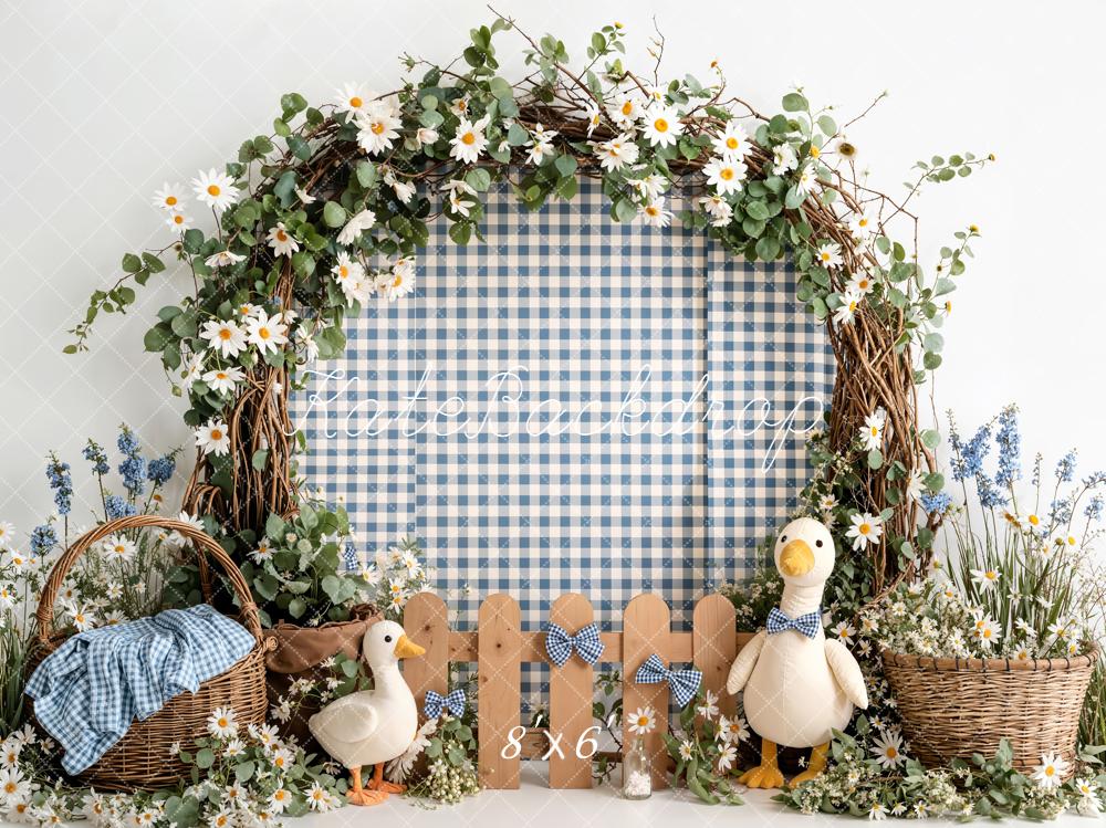 SALE Kate Spring Flower Arch Blue Gingham Silly Goose Backdrop Designed by Emetselch