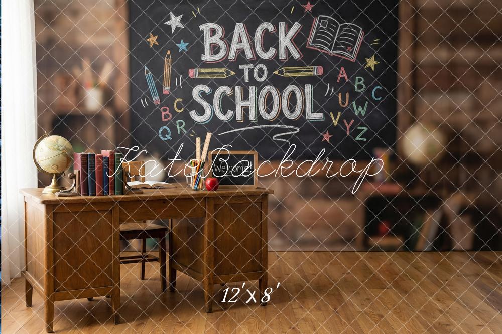Kate Back to School Chalkboard Desk Globe Books Printed Backdrop Designed by Happy Squirrel Design