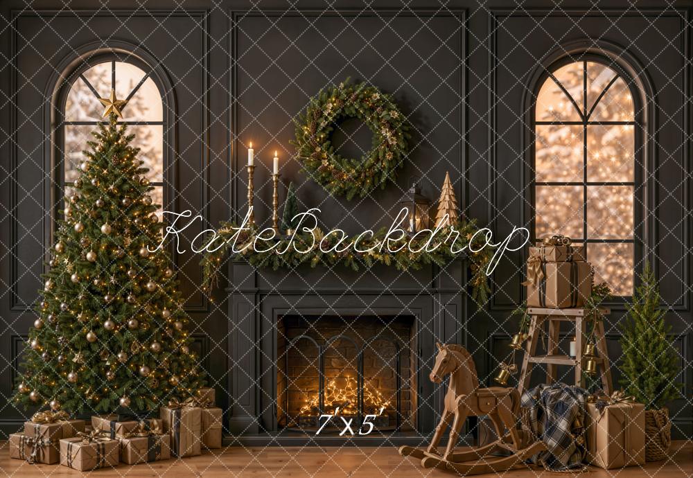 Kate Christmas Fireplace Tree Rocking Horse Wreath Gifts Black Printed Backdrop Designed by Emetselch