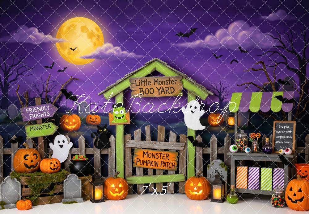 Kate Halloween Monster Pumpkin Patch Fence Kids Printed Backdrop Designed by Patty Roberts